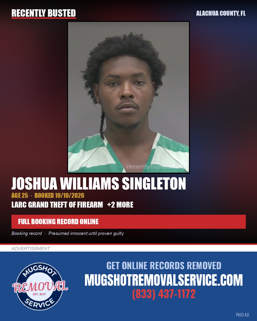 Joshua Williams Singleton — arrest record card, Alachua County, Florida