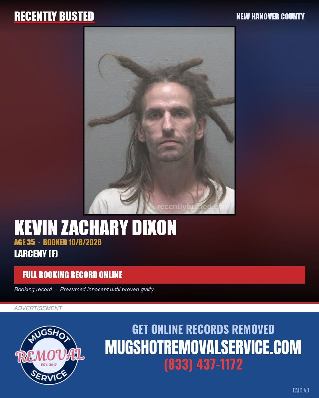 KEVIN ZACHARY DIXON — arrest record card, New Hanover County