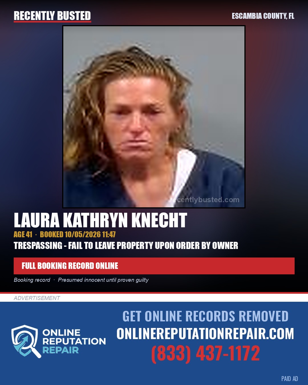 Laura Kathryn Knecht — arrest record card, Escambia County, Florida