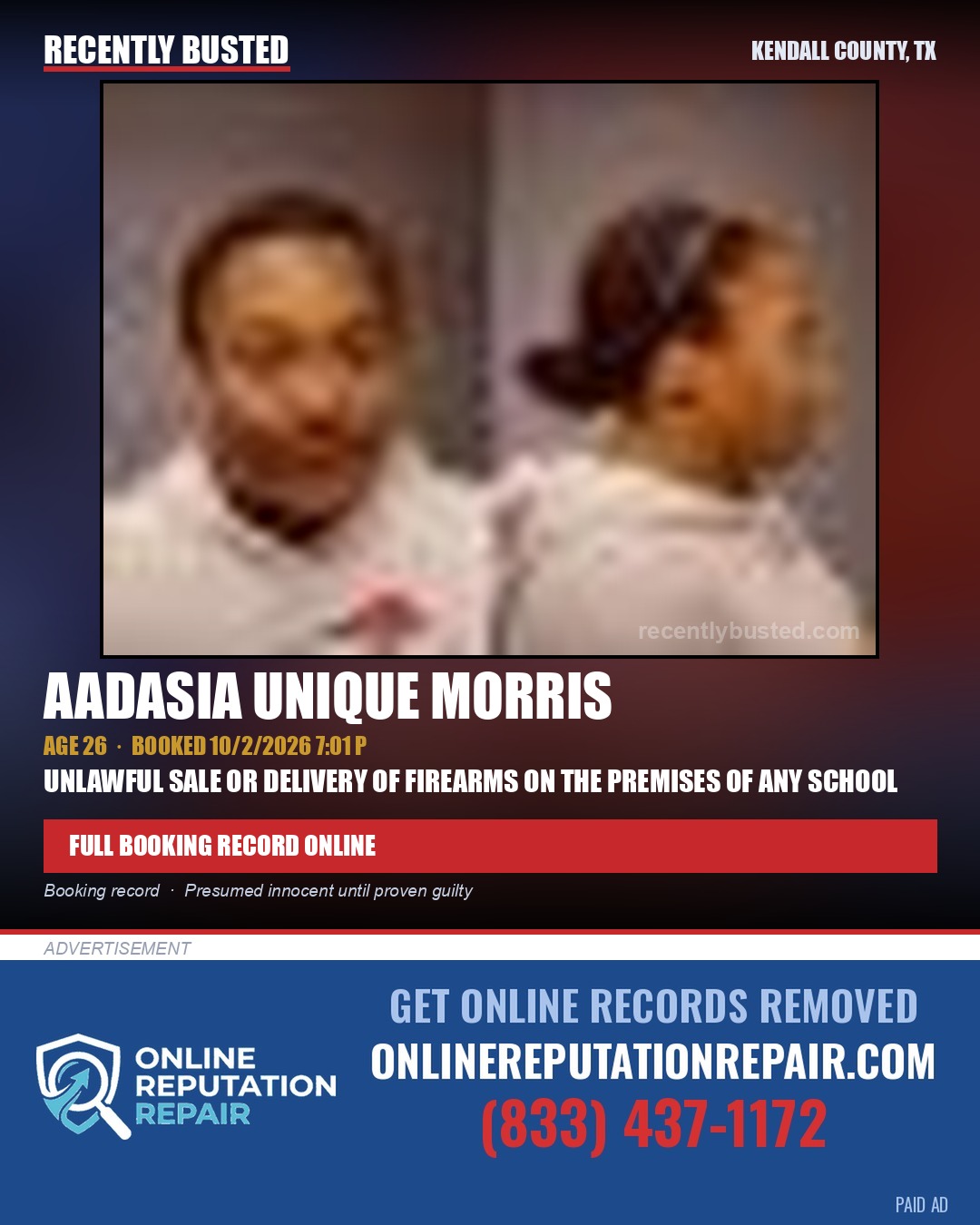 MORRIS, AADASIA UNIQUE — arrest record card, Kendall County, Illinois