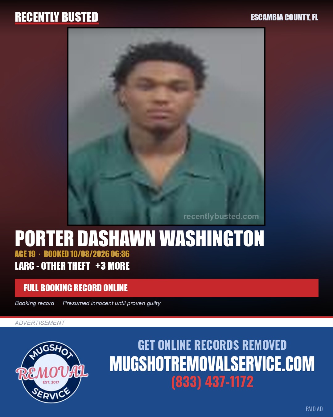 Porter Dashawn Washington — arrest record card, Escambia County, Florida