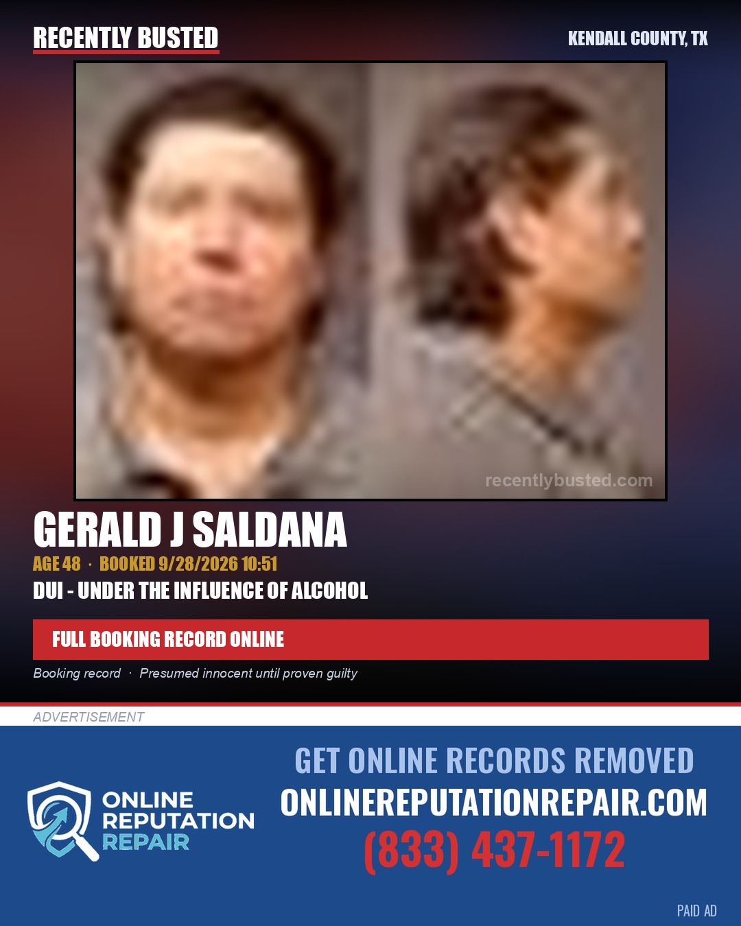 SALDANA, GERALD J — arrest record card, Kendall County, Illinois