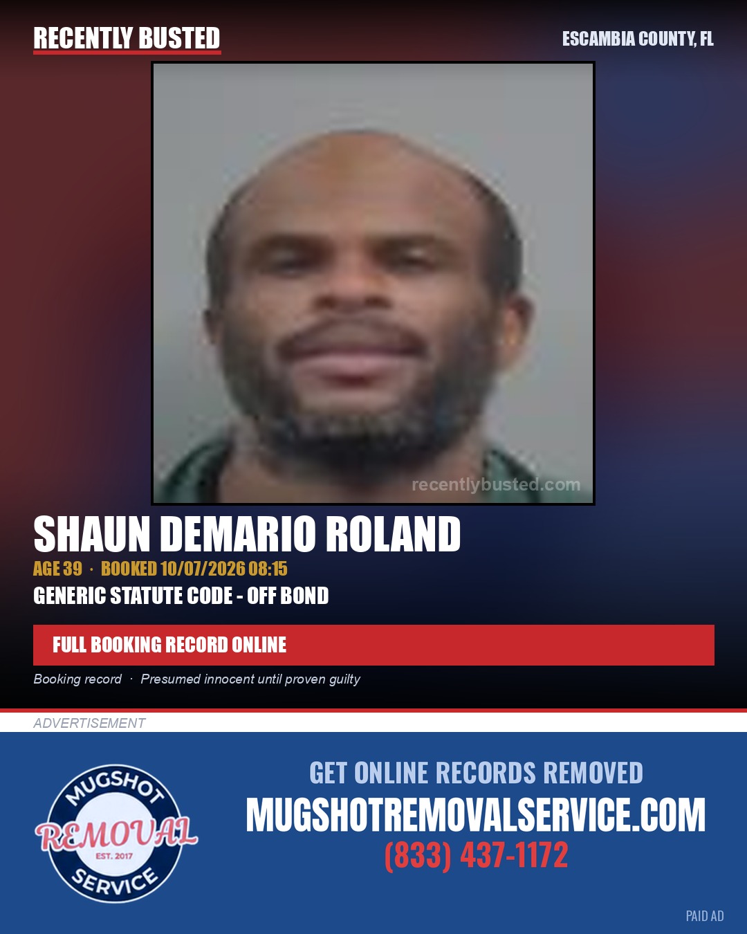 Shaun Demario Roland — arrest record card, Escambia County, Florida
