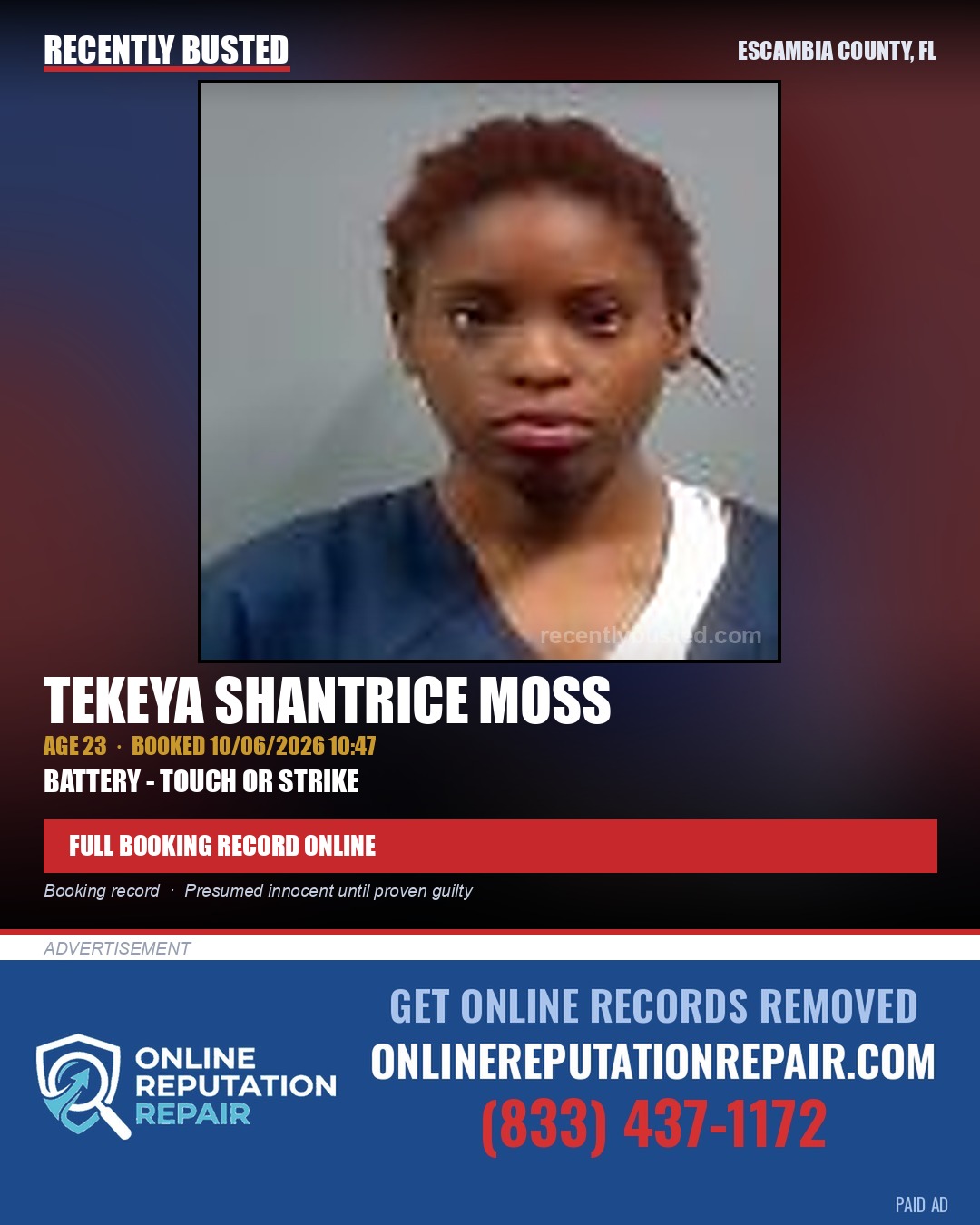 Tekeya Shantrice Moss — arrest record card, Escambia County, Florida