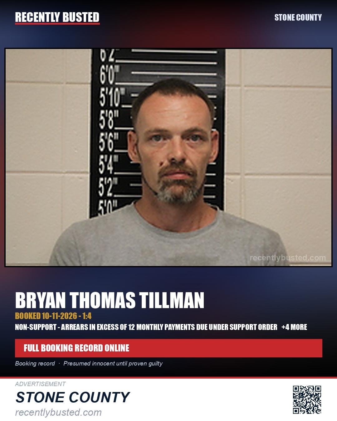 Tillman, Bryan Thomas — arrest record card, Stone County