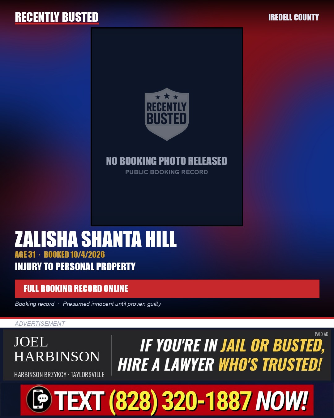 ZALISHA SHANTA HILL — arrest record card, Iredell County