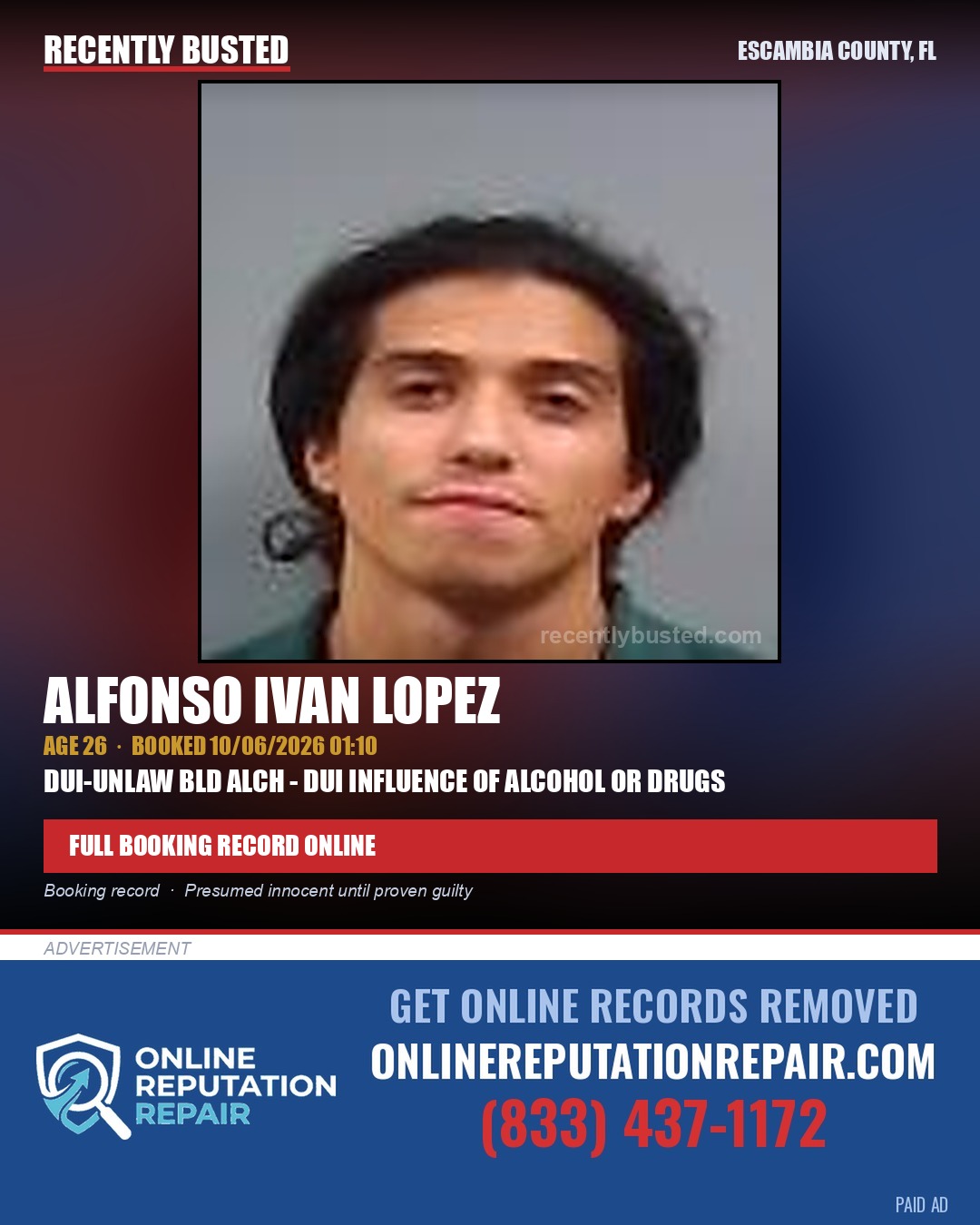 Alfonso Ivan Lopez — arrest record card, Escambia County, Florida