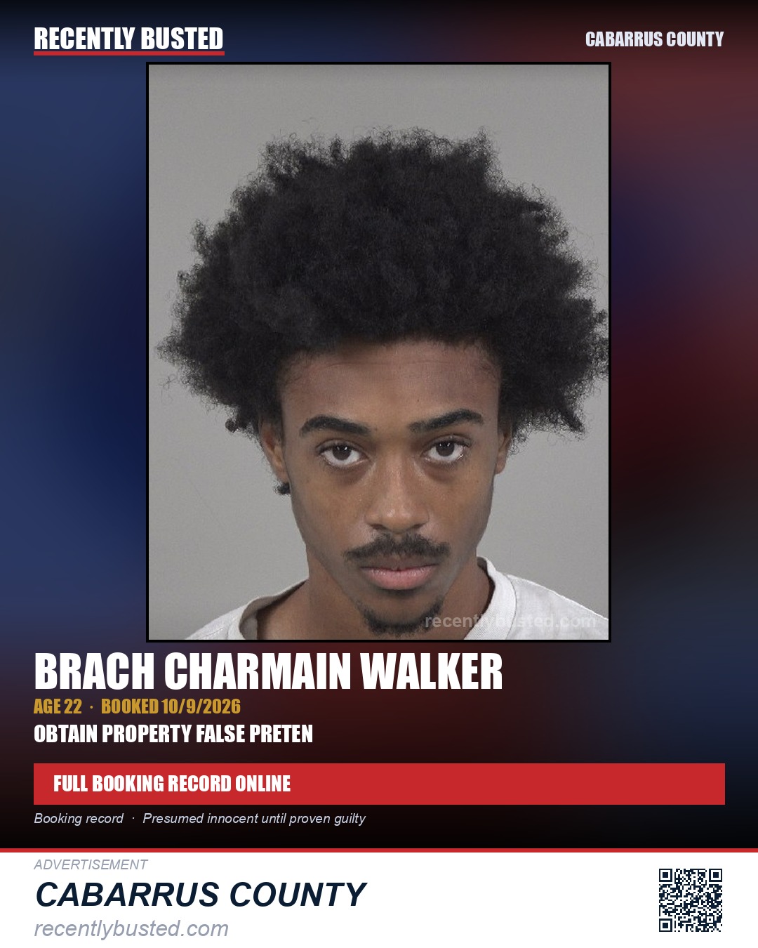 BRACH CHARMAIN WALKER — arrest record card, Cabarrus County