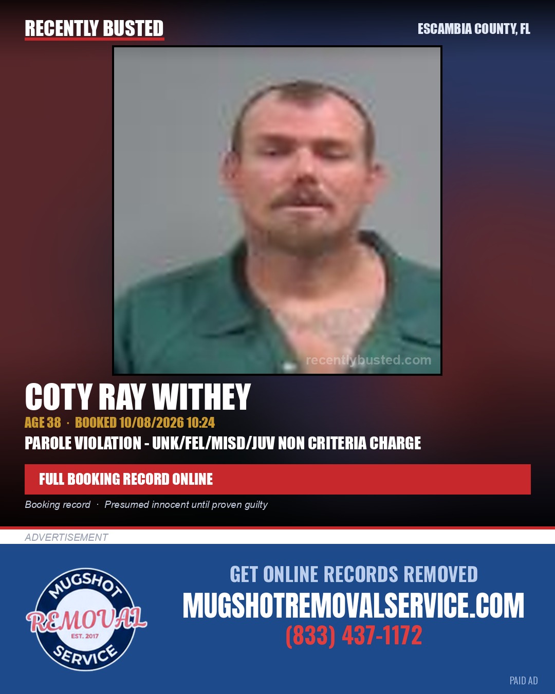 Coty Ray Withey — arrest record card, Escambia County, Florida