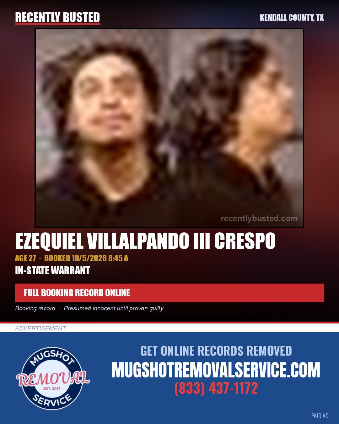 CRESPO, EZEQUIEL VILLALPANDO III — arrest record card, Kendall County, Illinois