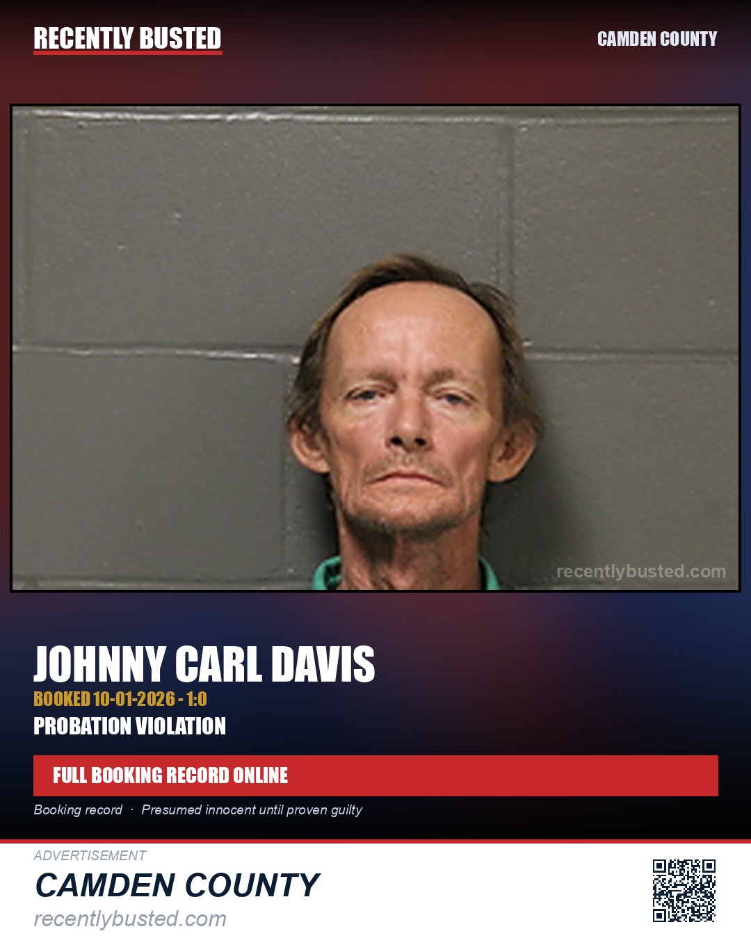 Davis, Johnny Carl — arrest record card, Camden County