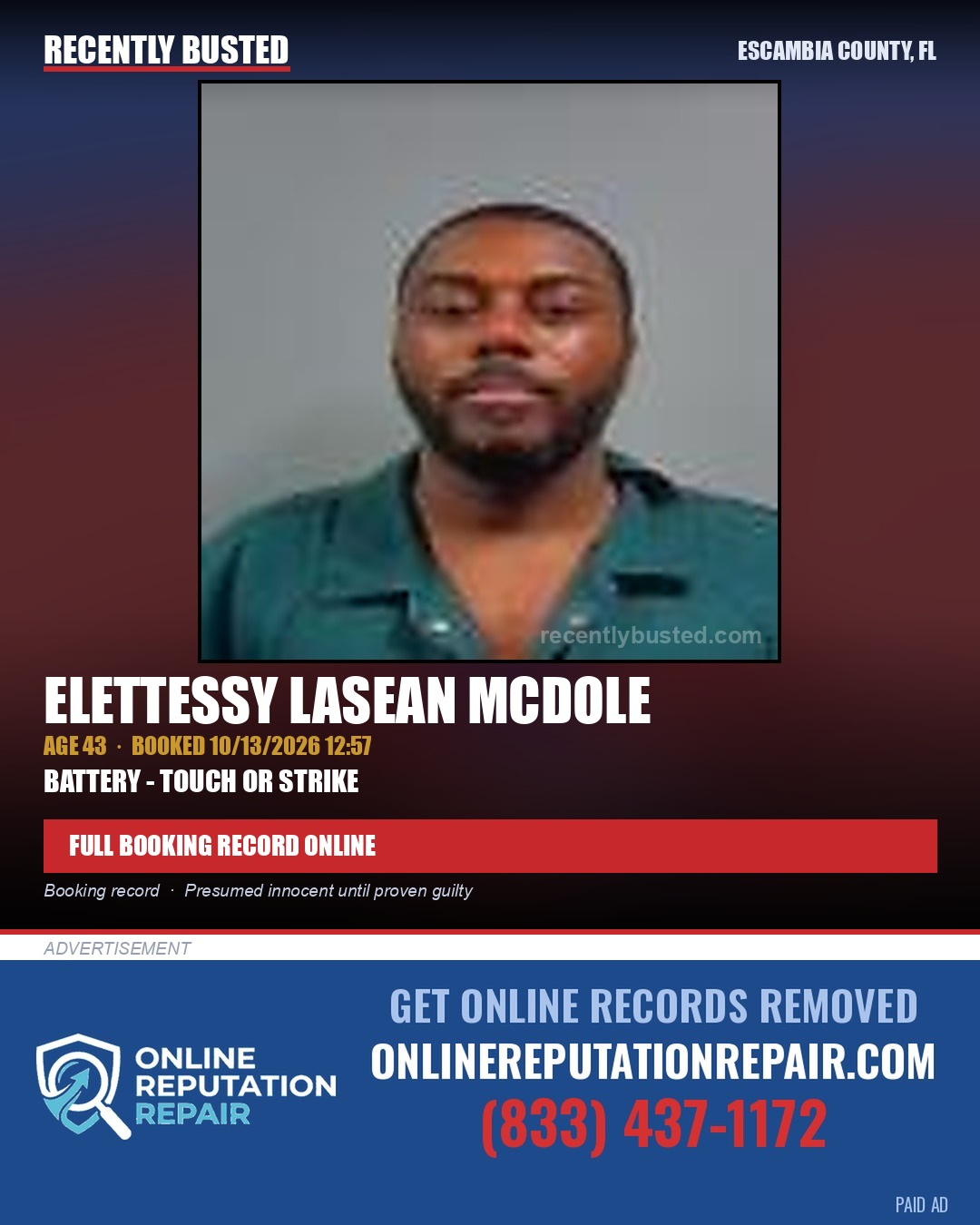 Elettessy Lasean Mcdole — arrest record card, Escambia County, Florida