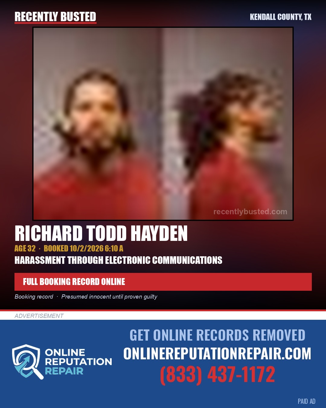 HAYDEN, RICHARD TODD — arrest record card, Kendall County, Illinois