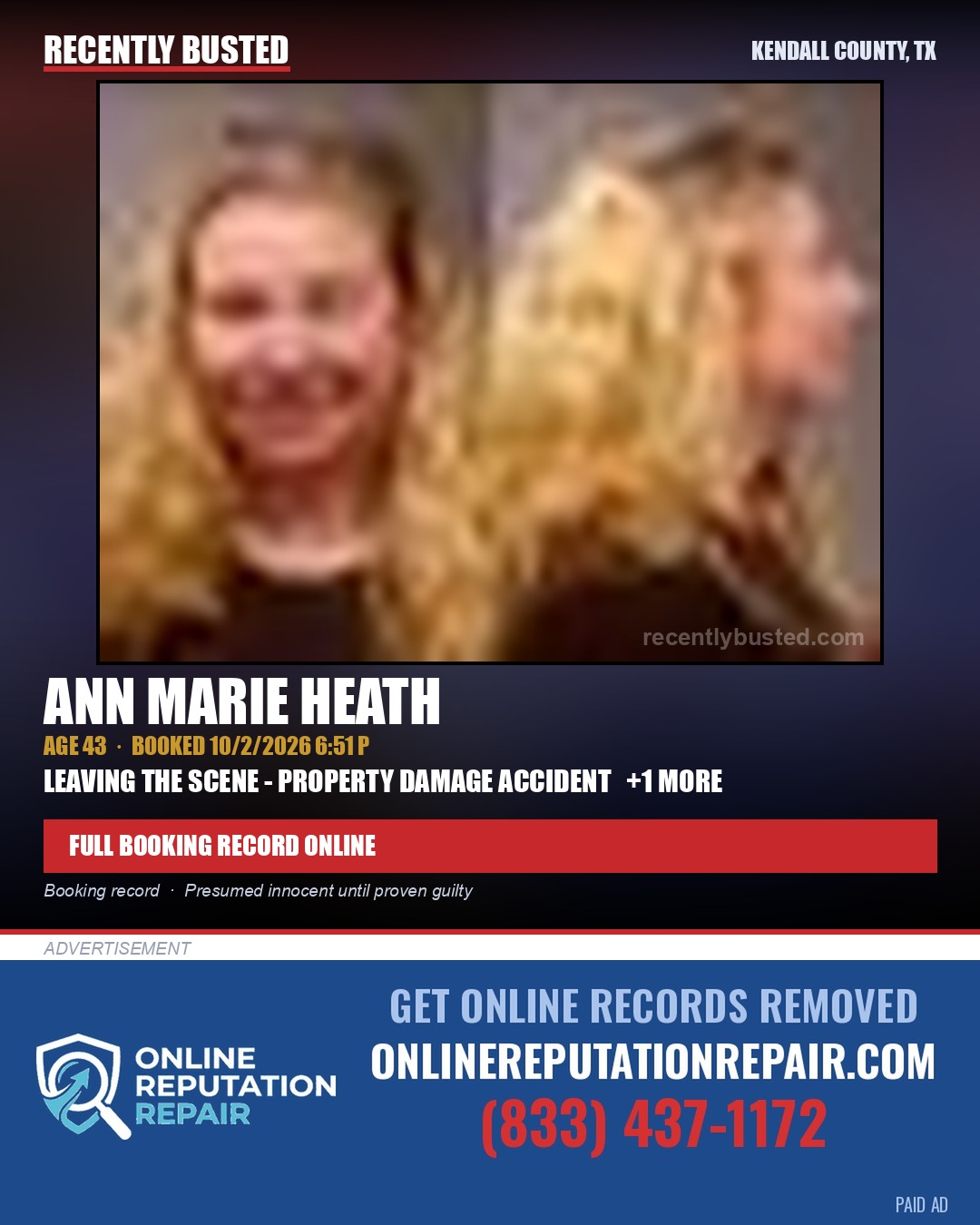 HEATH, ANN MARIE — arrest record card, Kendall County, Illinois