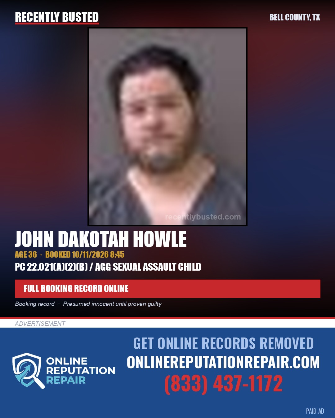 HOWLE, JOHN DAKOTAH — arrest record card, Bell County, Texas