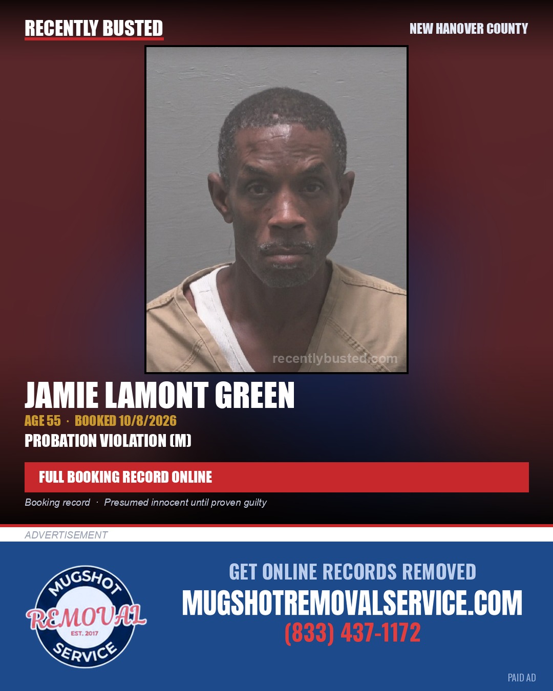 JAMIE LAMONT GREEN — arrest record card, New Hanover County