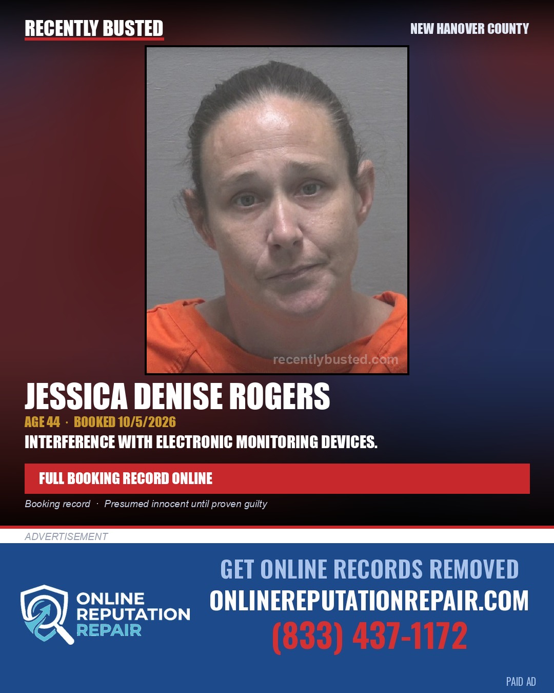 JESSICA DENISE ROGERS — arrest record card, New Hanover County