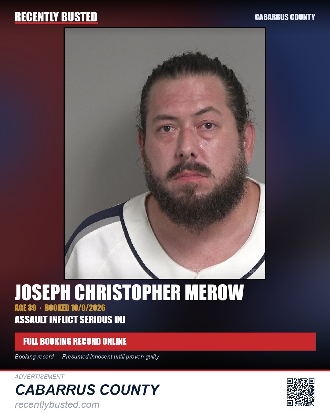 JOSEPH CHRISTOPHER MEROW — arrest record card, Cabarrus County
