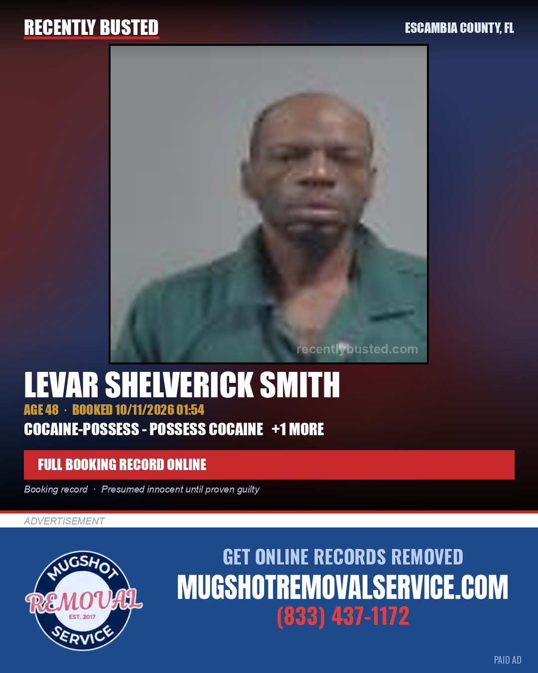 Levar Shelverick Smith — arrest record card, Escambia County, Florida