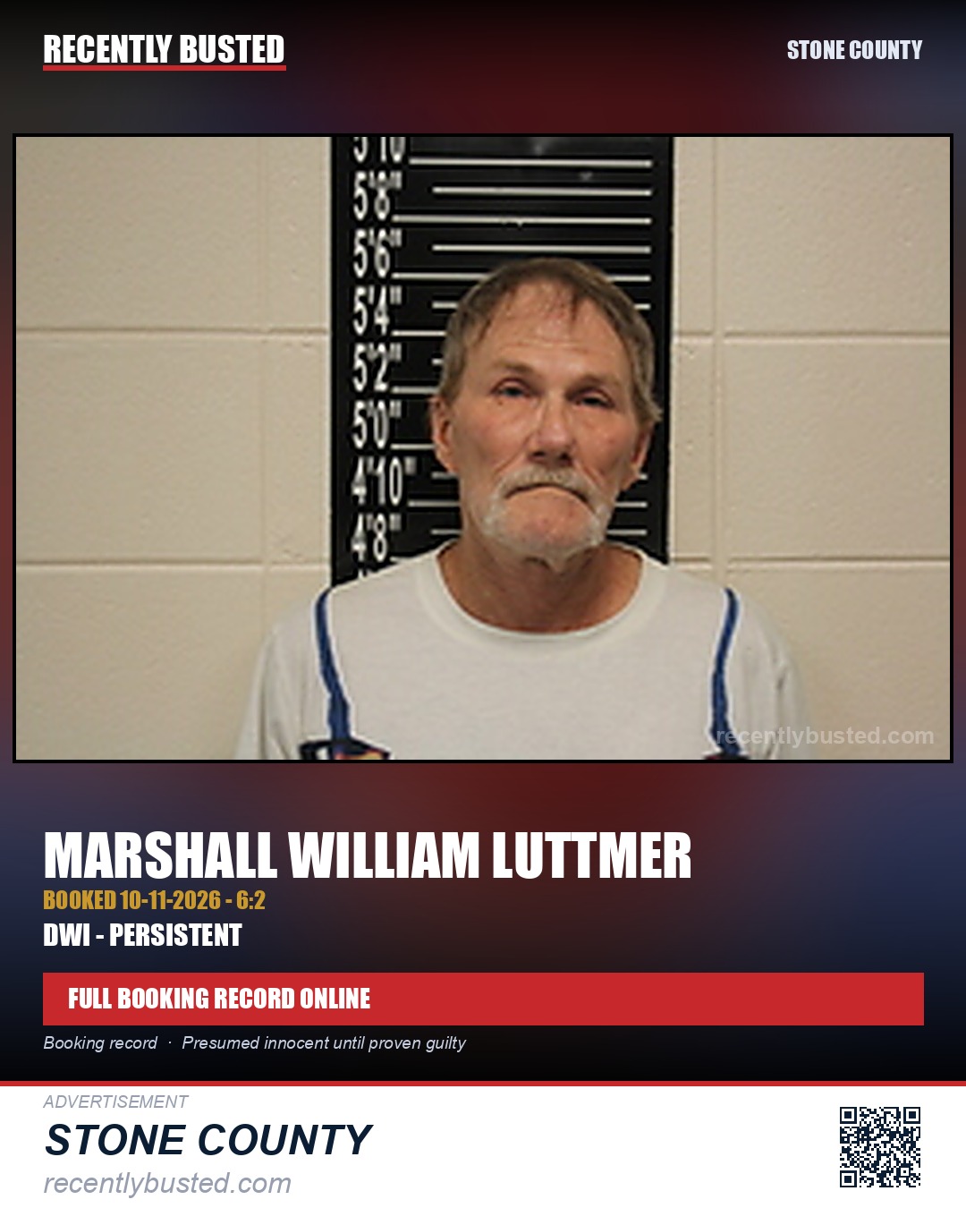 Luttmer, Marshall William — arrest record card, Stone County