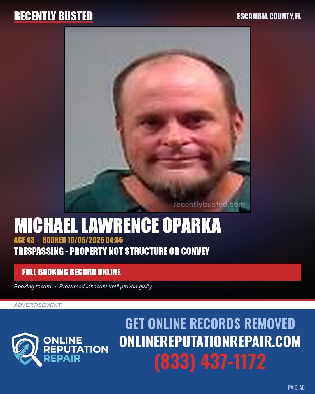 Michael Lawrence Oparka — arrest record card, Escambia County, Florida