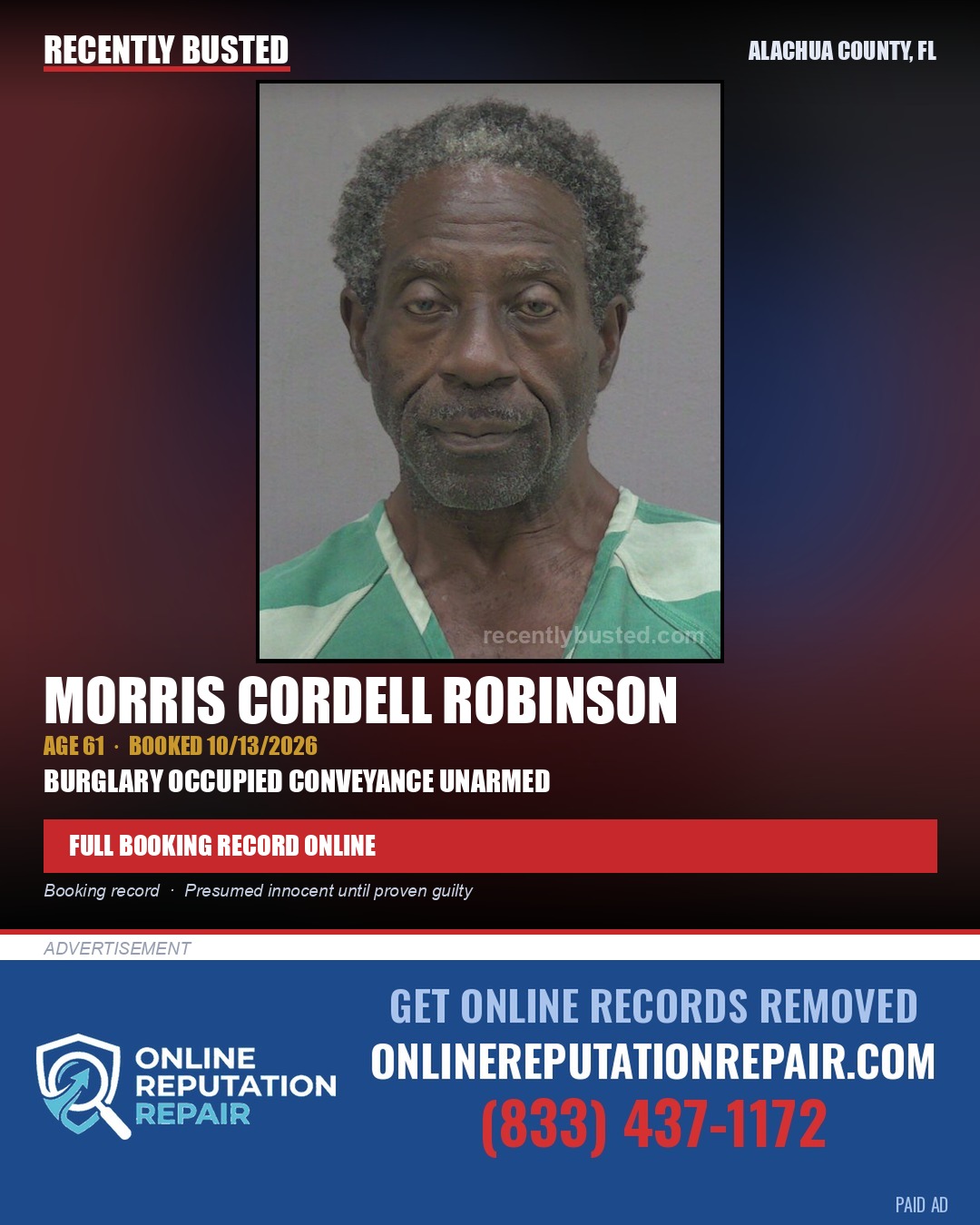 Morris Cordell Robinson — arrest record card, Alachua County, Florida