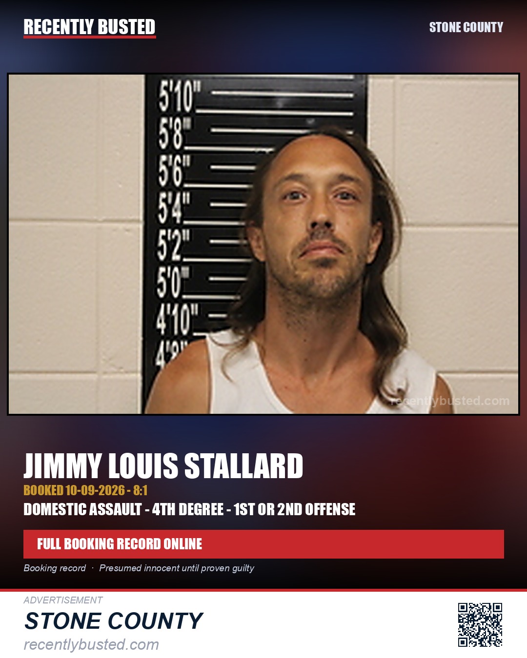 Stallard, Jimmy Louis — arrest record card, Stone County