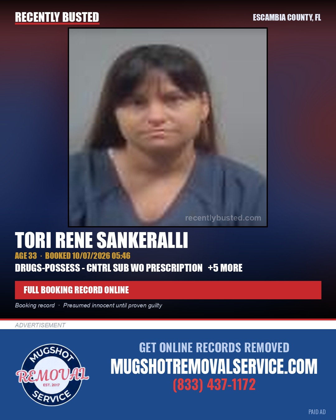 Tori Rene Sankeralli — arrest record card, Escambia County, Florida