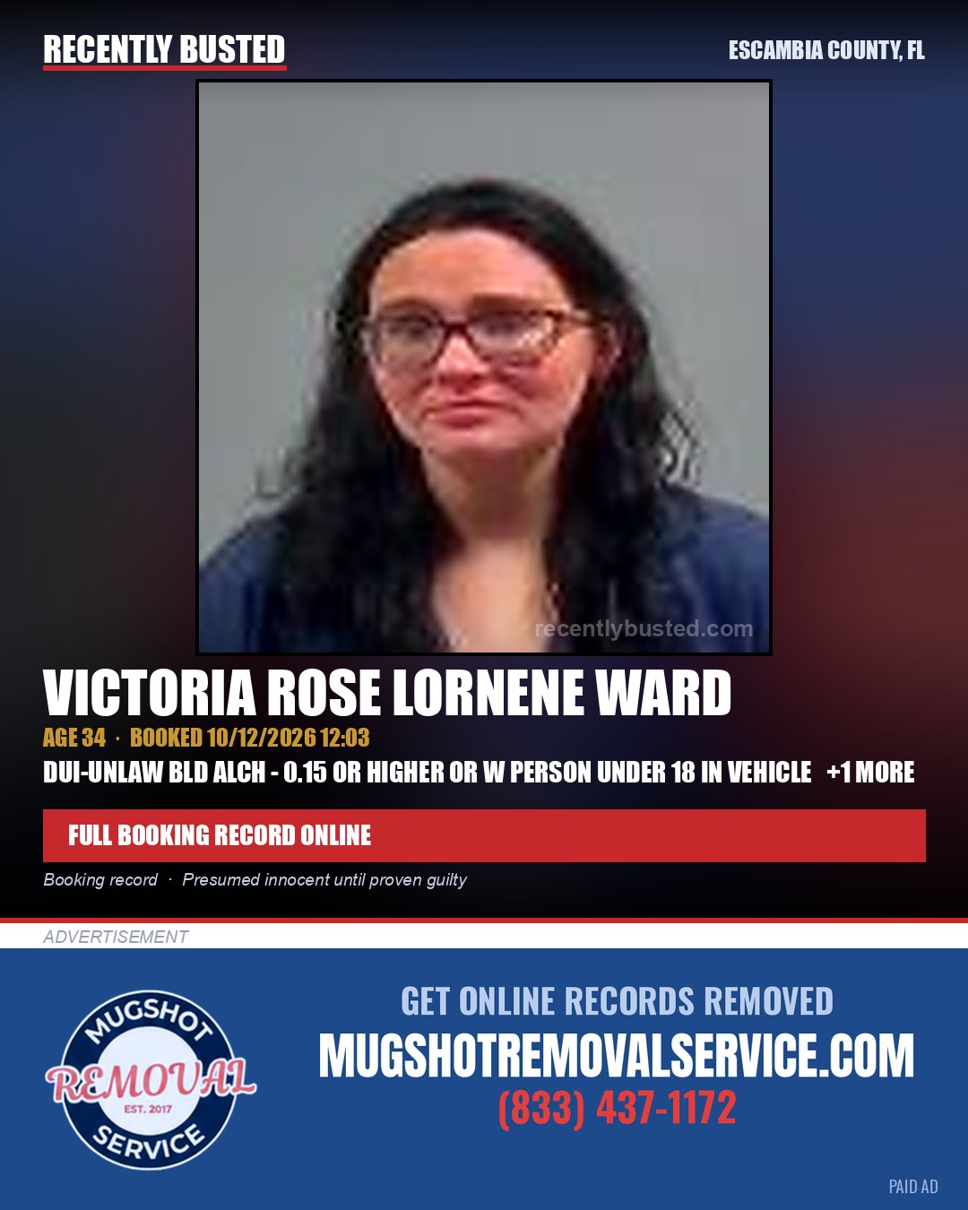 Victoria Rose Lornene Ward — arrest record card, Escambia County, Florida