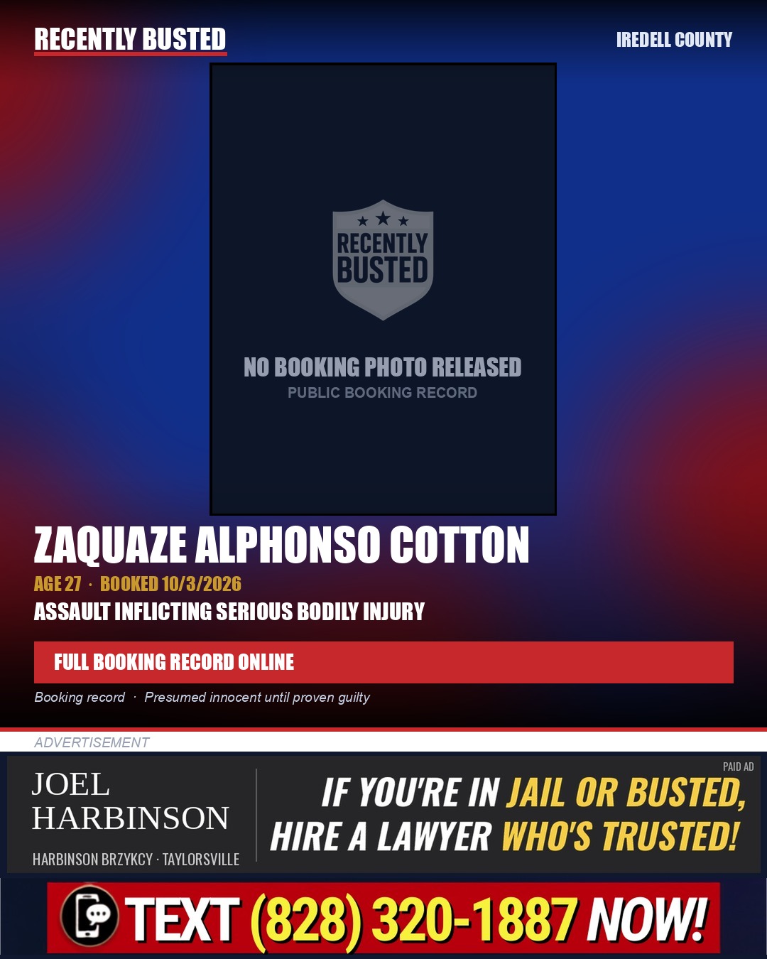 ZAQUAZE ALPHONSO COTTON — arrest record card, Iredell County