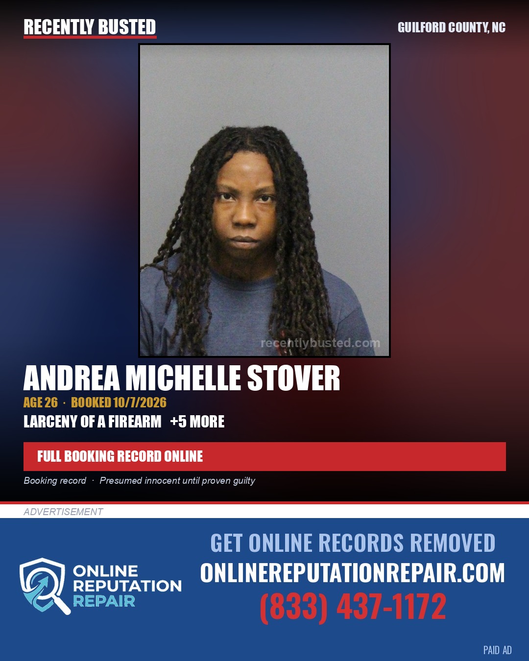 ANDREA MICHELLE STOVER — arrest record card, Guilford County, North Carolina
