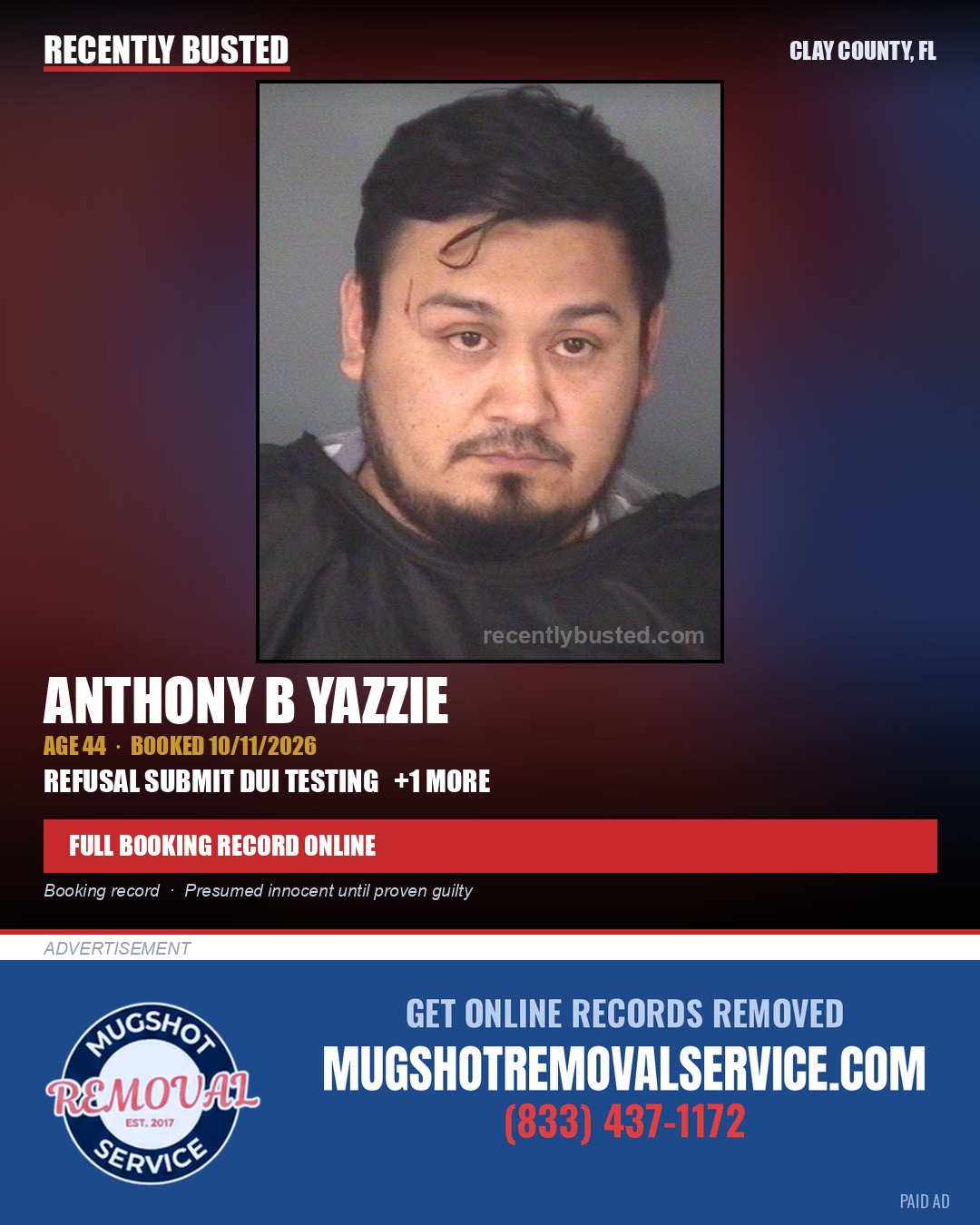 ANTHONY B YAZZIE — arrest record card, Clay County, Florida