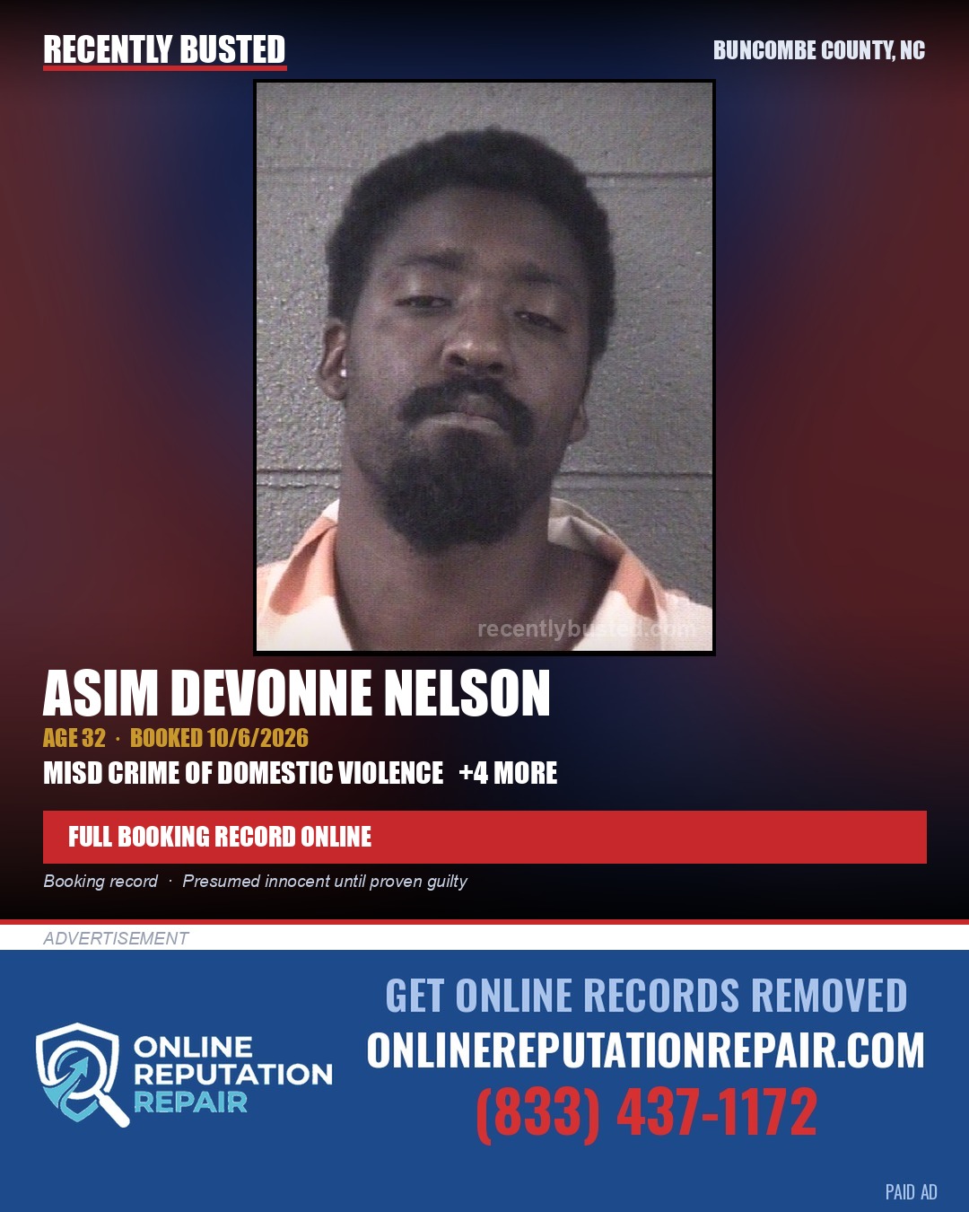 ASIM DEVONNE NELSON — arrest record card, Buncombe County, North Carolina