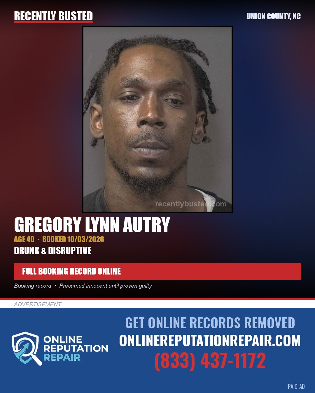 AUTRY, GREGORY LYNN — arrest record card, Union County, North Carolina