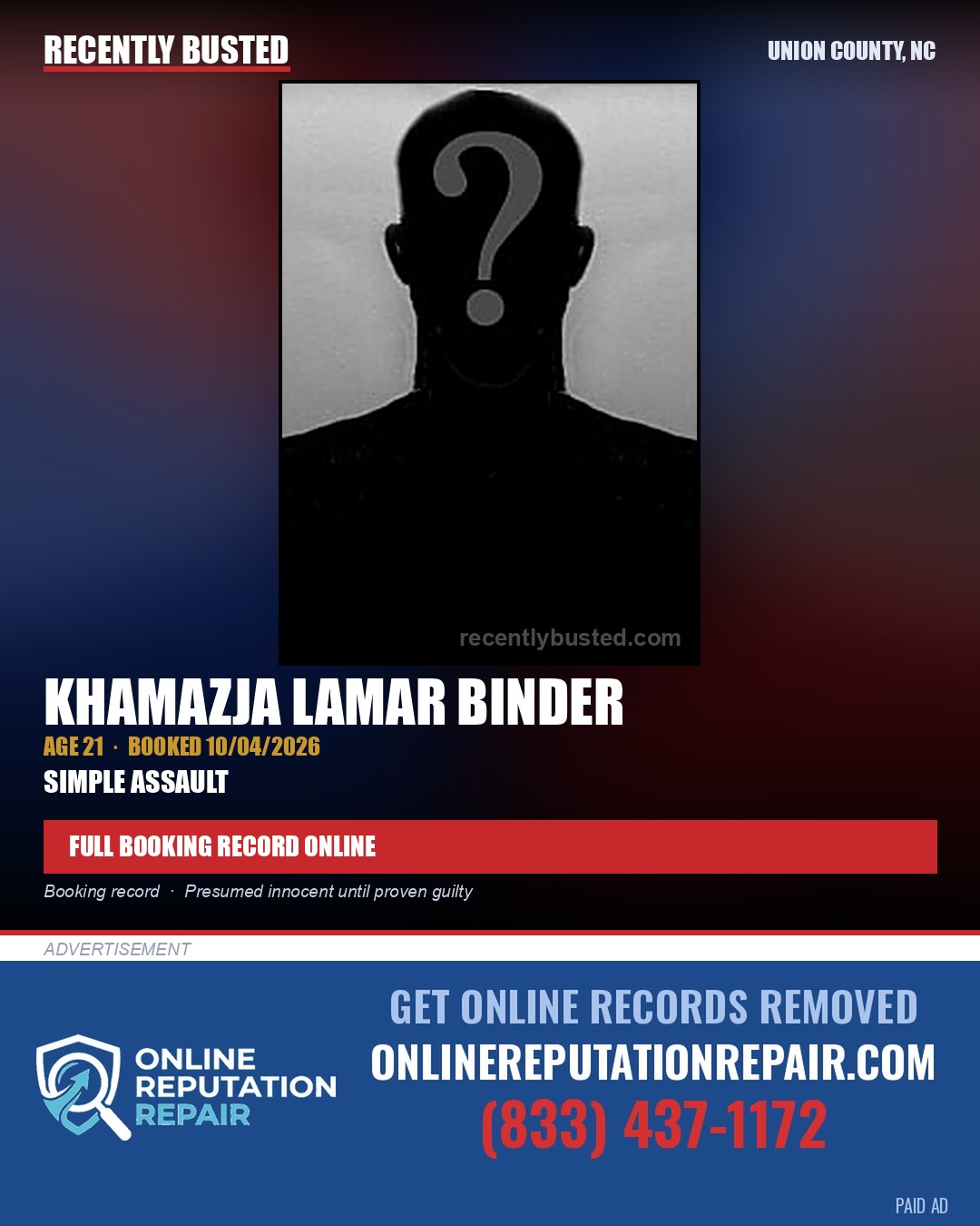 BINDER, KHAMAZJA LAMAR — arrest record card, Union County, North Carolina