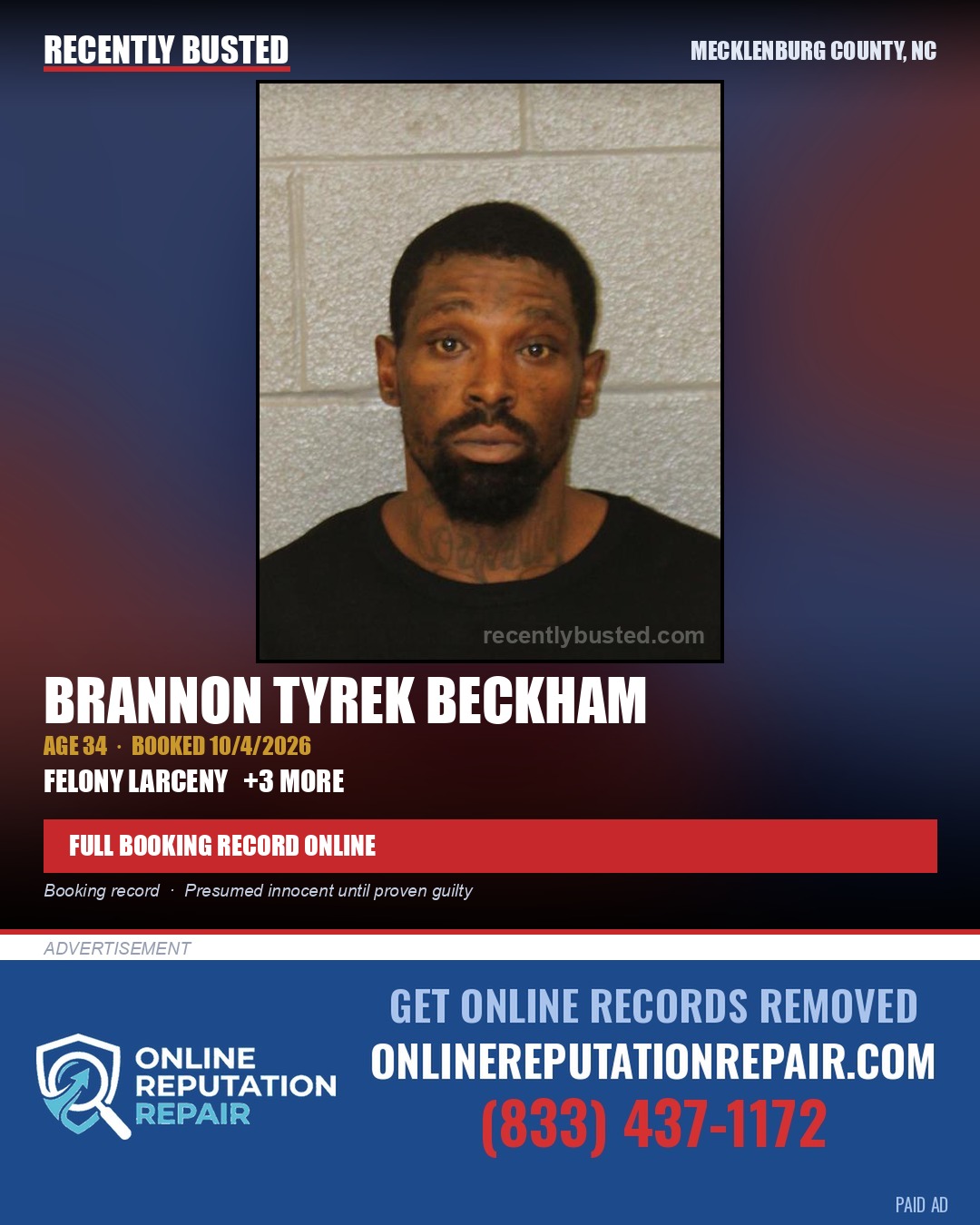 BRANNON TYREK BECKHAM — arrest record card, Mecklenburg County, North Carolina