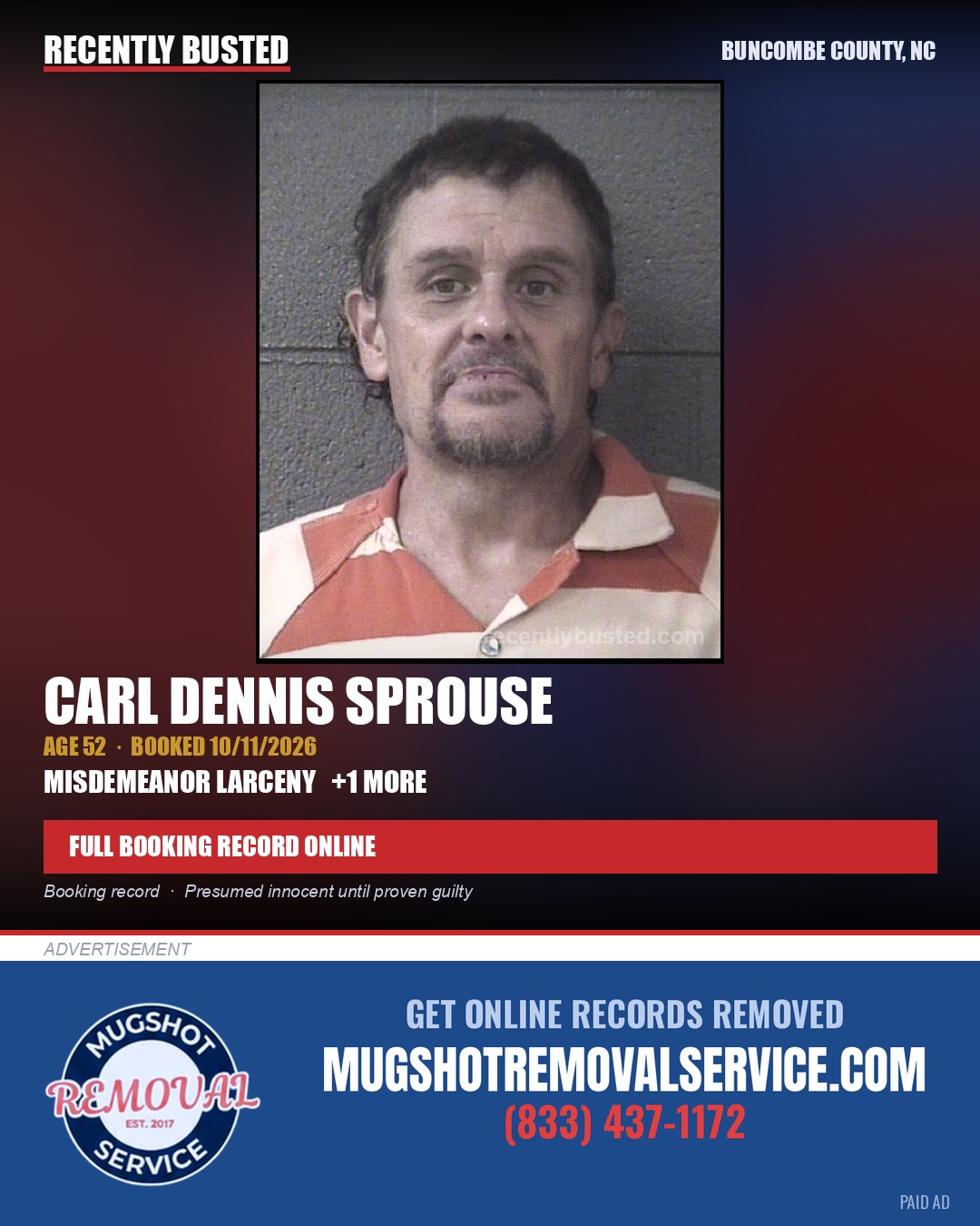 CARL DENNIS SPROUSE — arrest record card, Buncombe County, North Carolina
