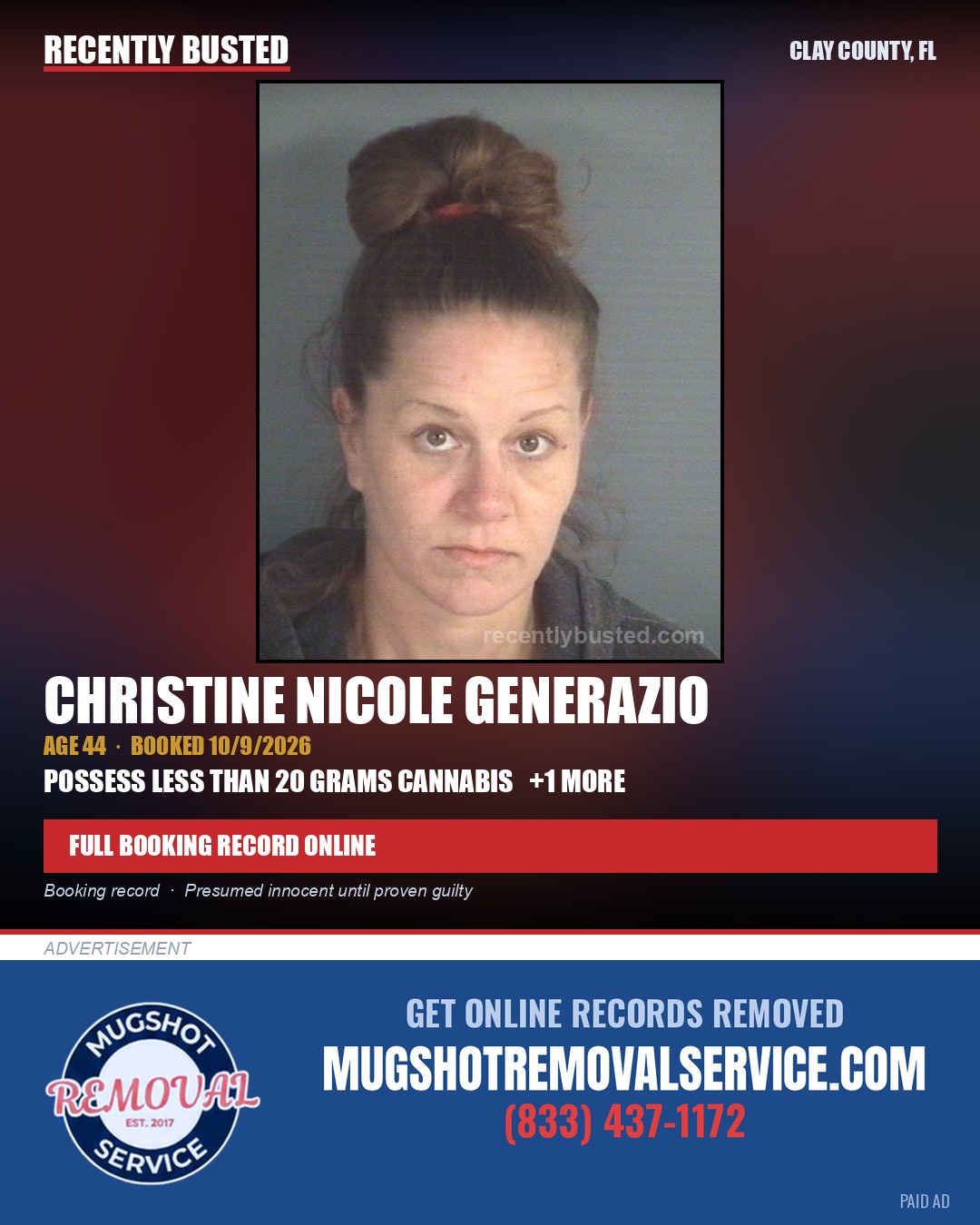 CHRISTINE NICOLE GENERAZIO — arrest record card, Clay County, Florida