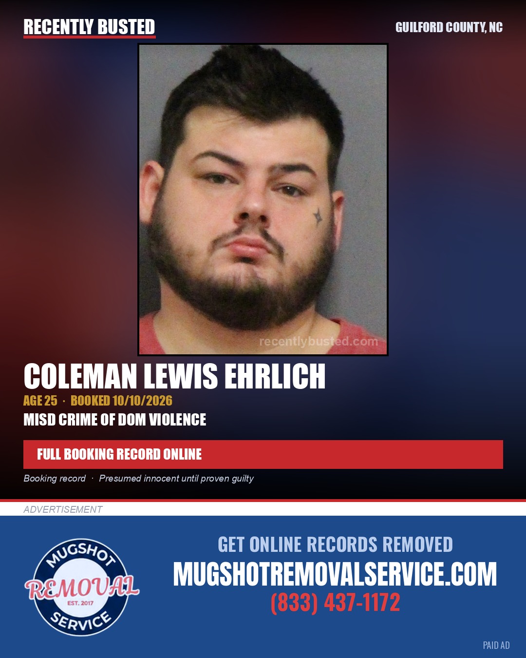 COLEMAN LEWIS EHRLICH — arrest record card, Guilford County, North Carolina
