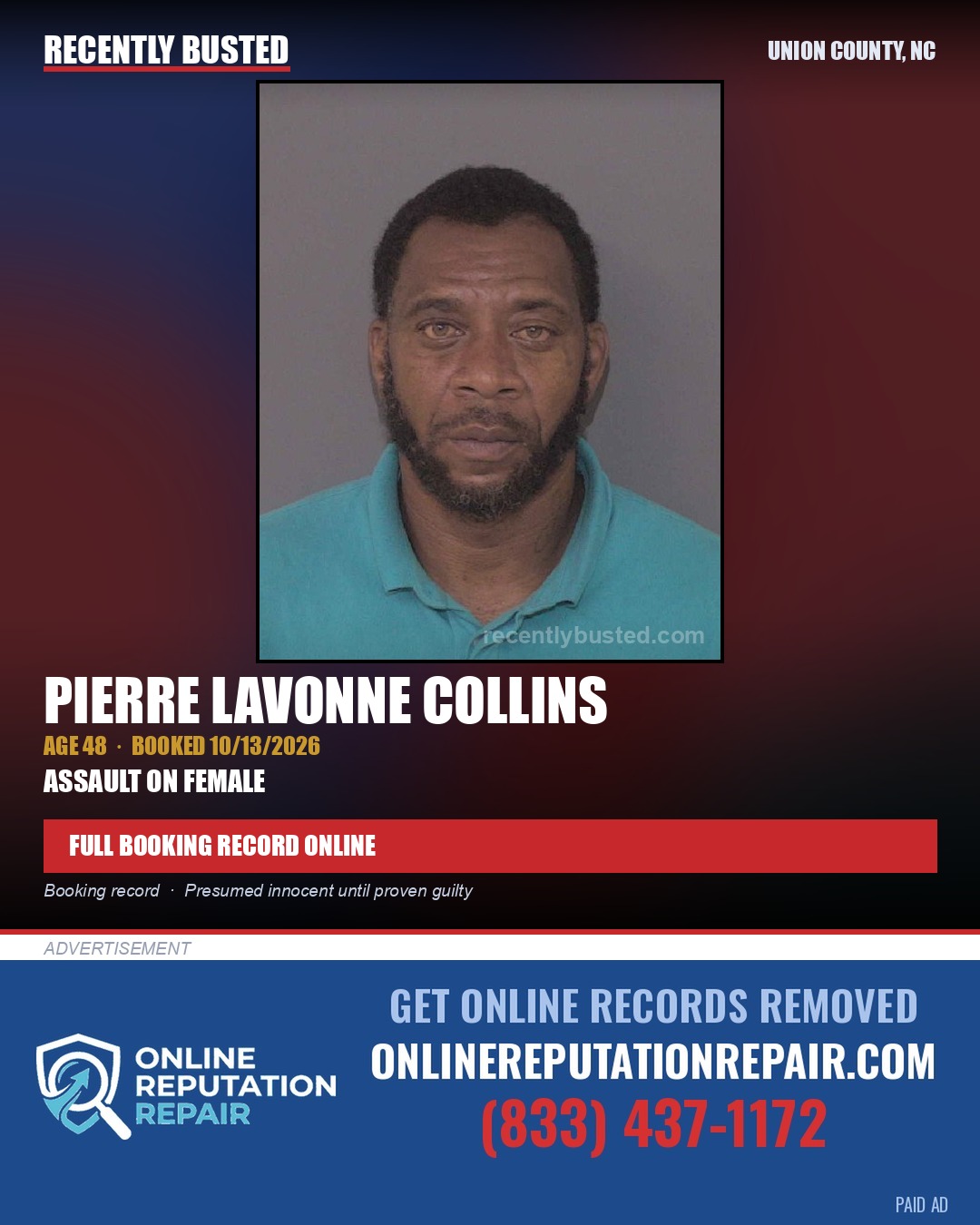 COLLINS, PIERRE LAVONNE — arrest record card, Union County, North Carolina