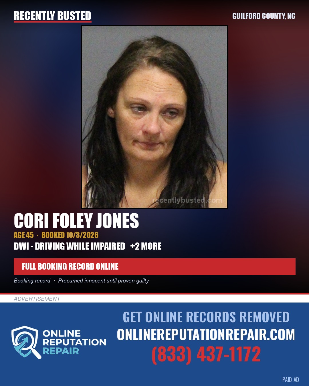 CORI FOLEY JONES — arrest record card, Guilford County, North Carolina