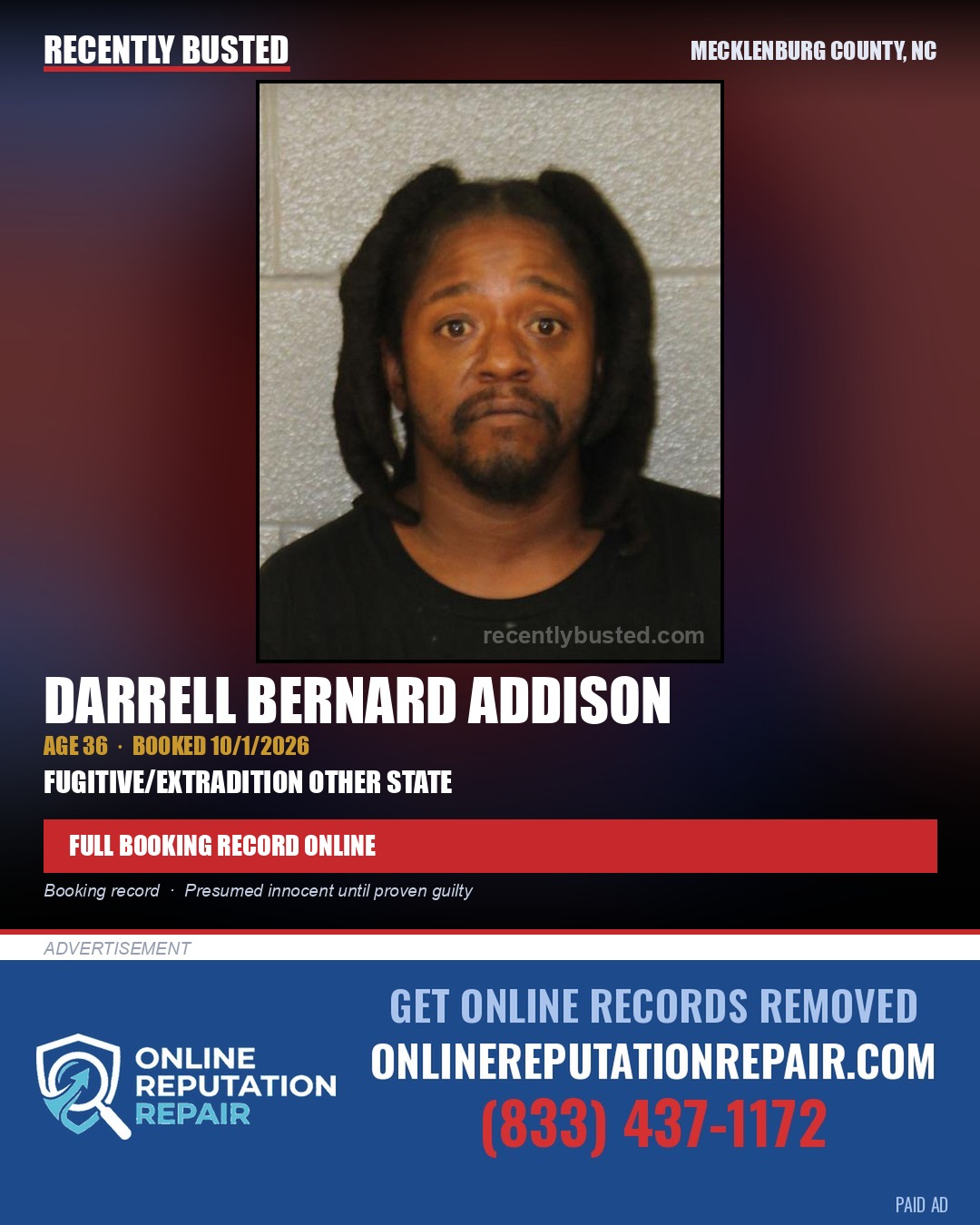 DARRELL BERNARD ADDISON — arrest record card, Mecklenburg County, North Carolina