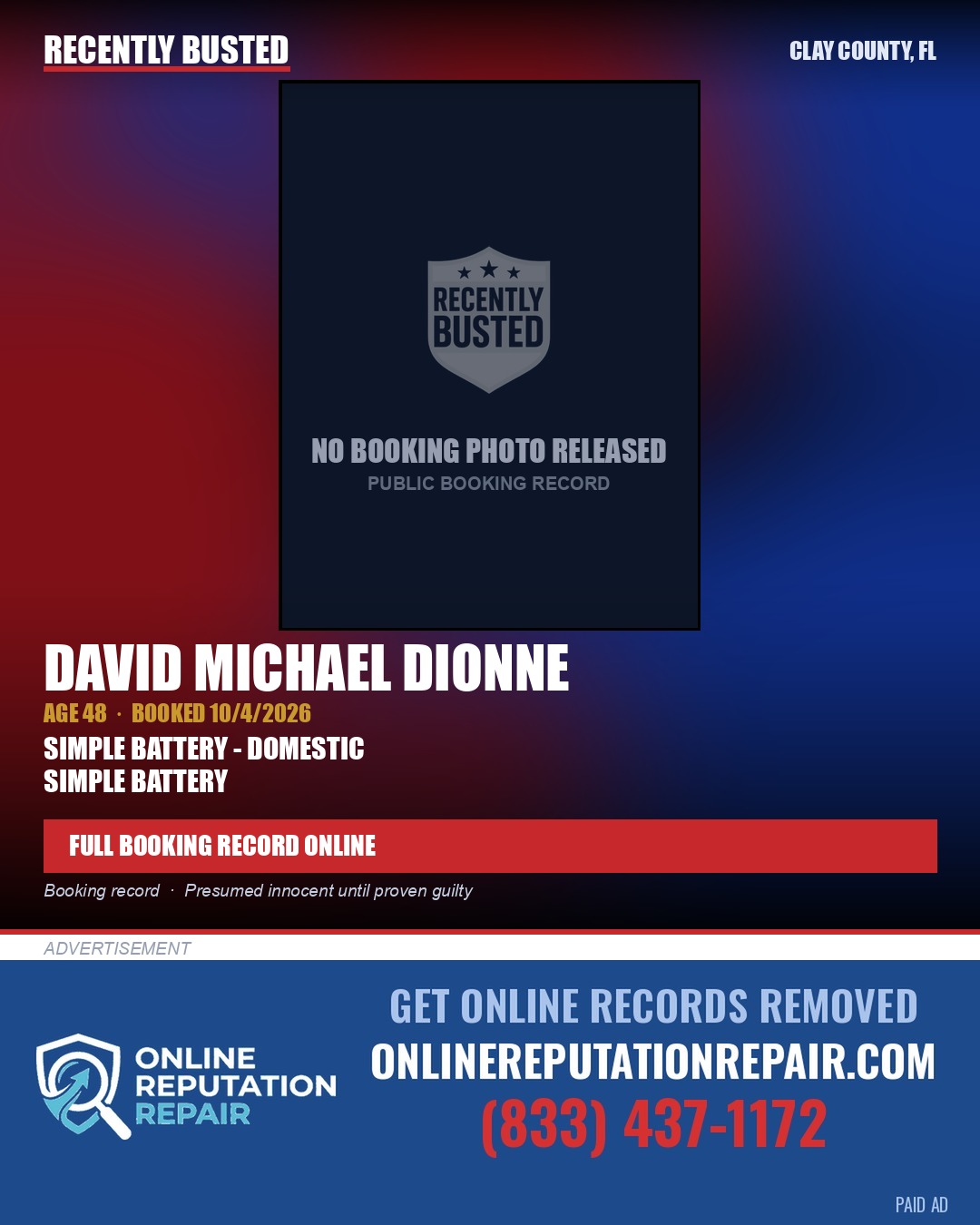 DAVID MICHAEL DIONNE — arrest record card, Clay County, Florida