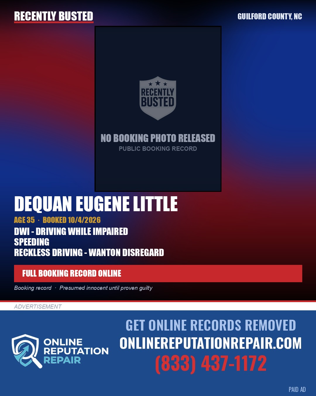 DEQUAN EUGENE LITTLE — arrest record card, Guilford County, North Carolina