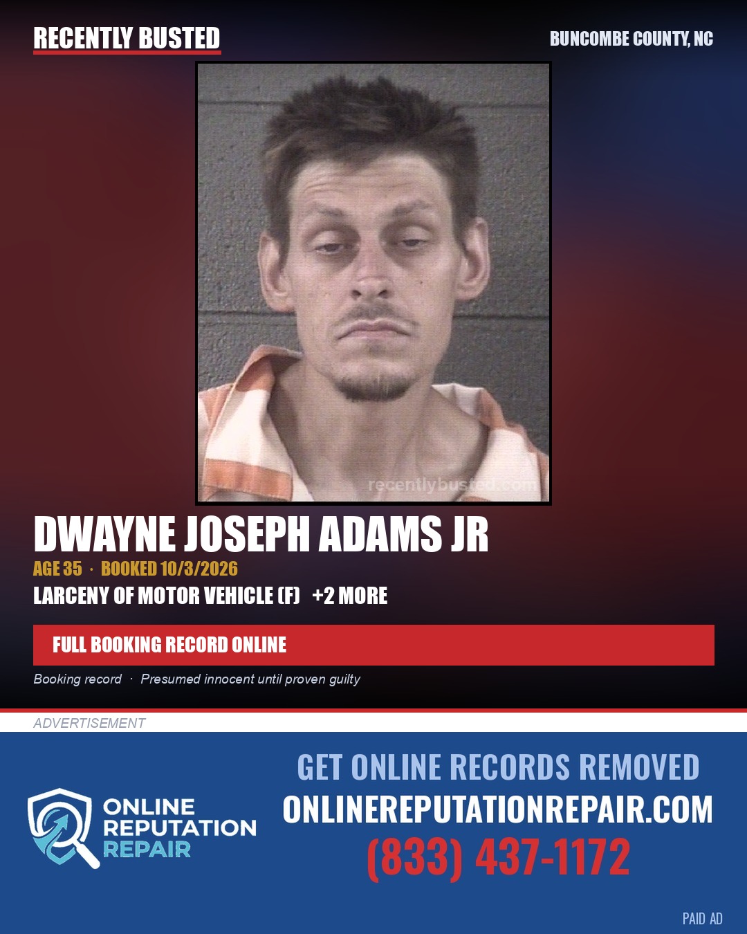 DWAYNE JOSEPH ADAMS JR — arrest record card, Buncombe County, North Carolina