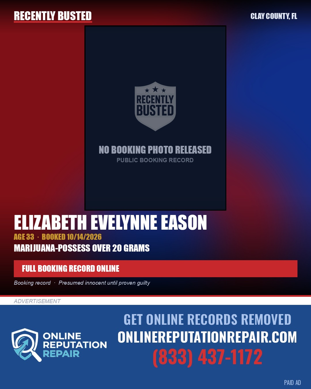 ELIZABETH EVELYNNE EASON — arrest record card, Clay County, Florida