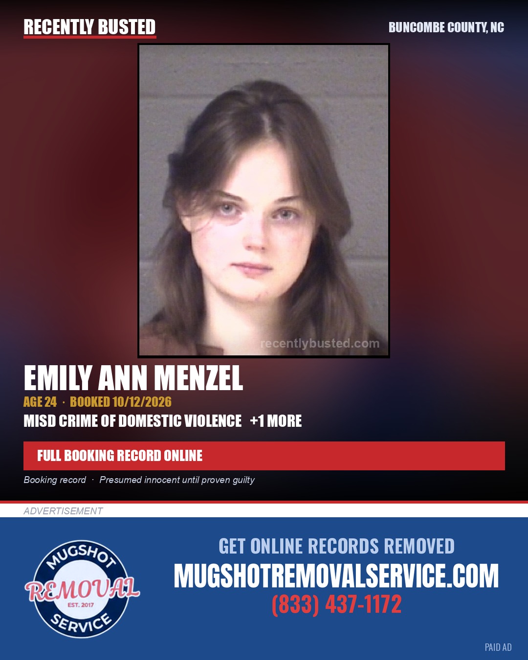 EMILY ANN MENZEL — arrest record card, Buncombe County, North Carolina