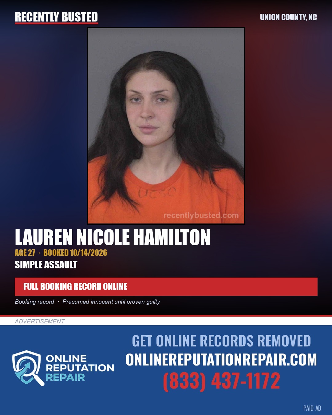 HAMILTON, LAUREN NICOLE — arrest record card, Union County, North Carolina
