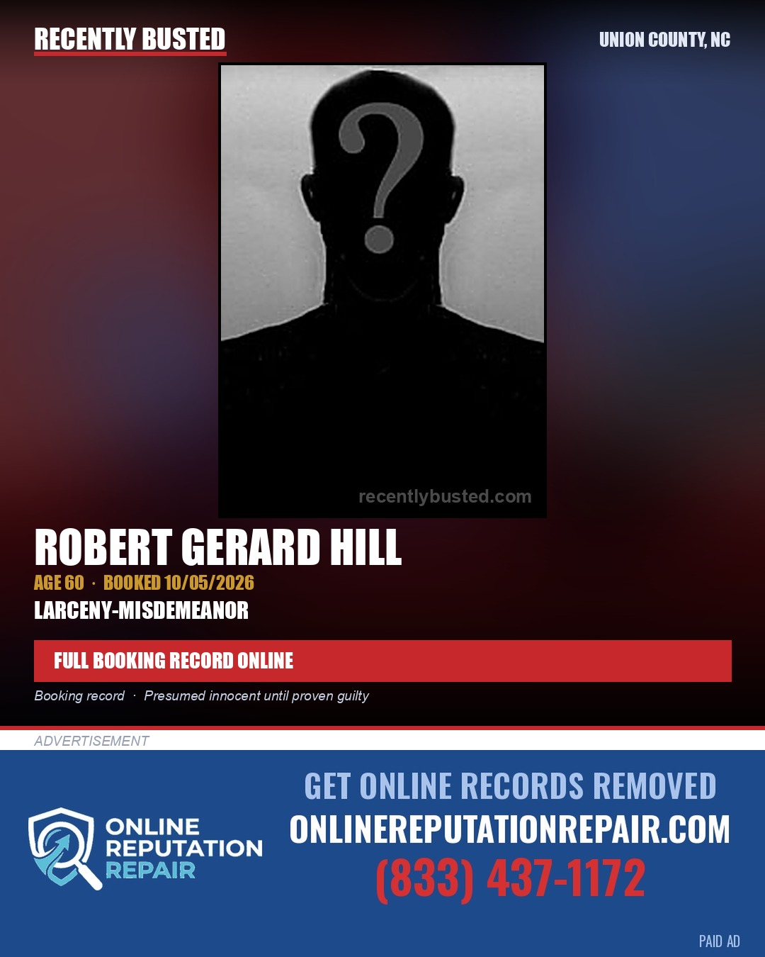 HILL, ROBERT GERARD — arrest record card, Union County, North Carolina