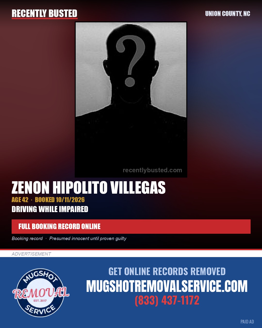 HIPOLITO VILLEGAS, ZENON — arrest record card, Union County, North Carolina